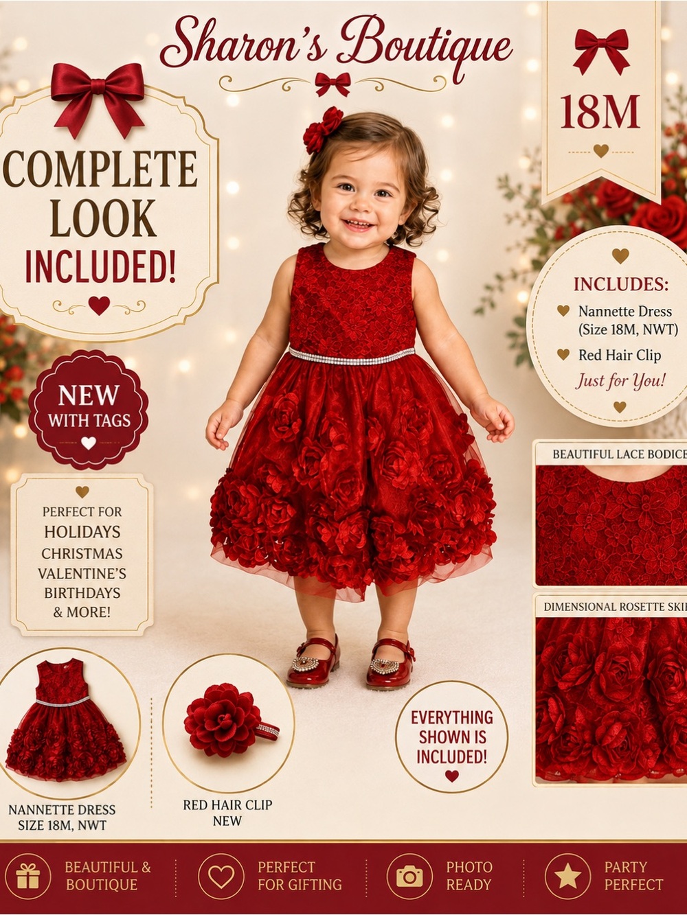 Nannette Kids 18M Red Rosette Party Dress NWT + Hair Bow 18M